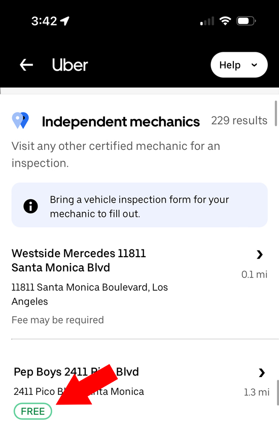List of independent mechanics for uber inspections. pep boys is listed as free