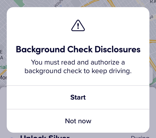 A background check disclosure popup for drivers