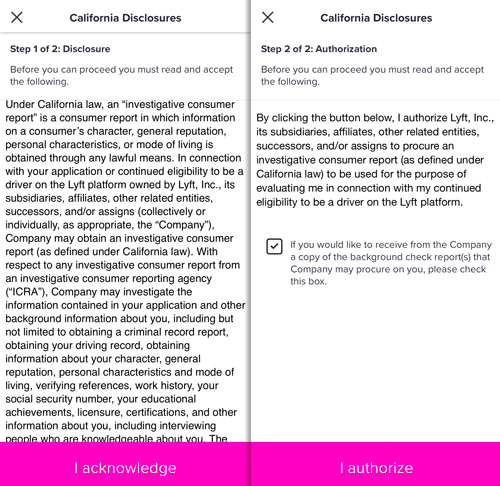 a background check disclosure showing legal information and a button to authorize