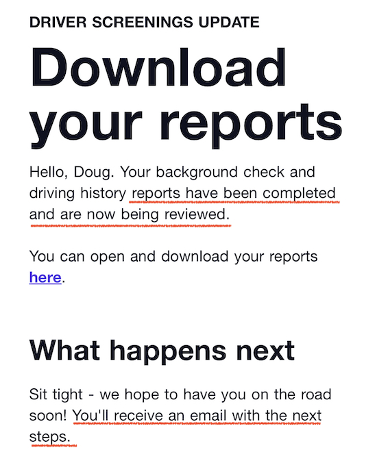an email from lyft letting an applicant know that their background records are being reviewed