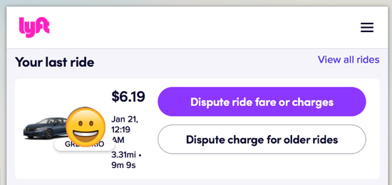 help.lyft.com ride record that shows trip details and a dispute fare button