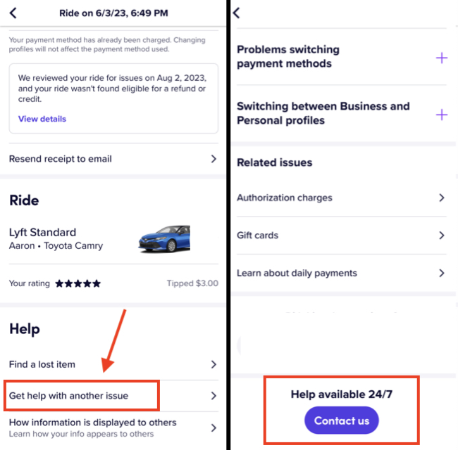 side by side screenshots in the Lyft app with instructions to tap get help and contact us