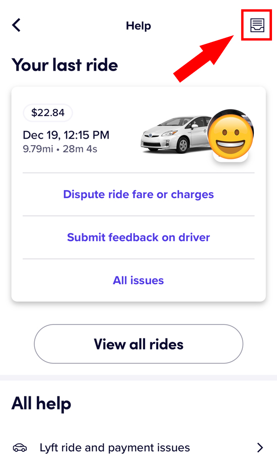 an arrow pointing to the inbox button in the Lyft app