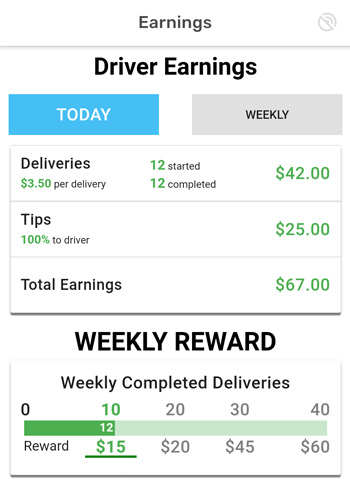 earnings screen for a gopuff driver showing $67 in pay