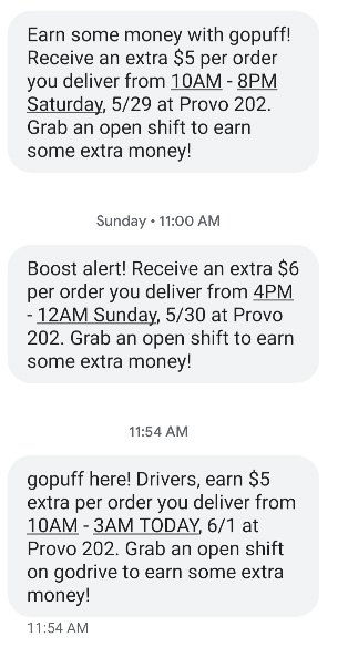 text messages from go puff listing pay promotions such as $6 boost