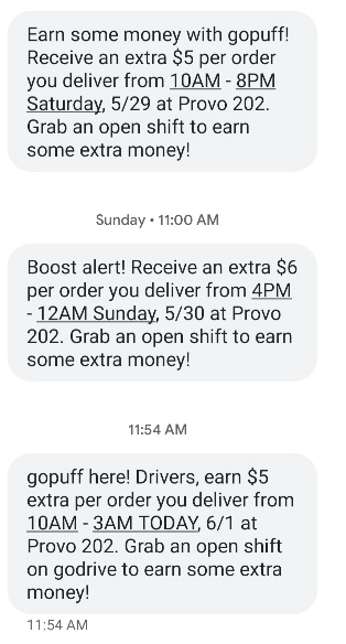 text messages from go puff listing pay promotions such as  boost