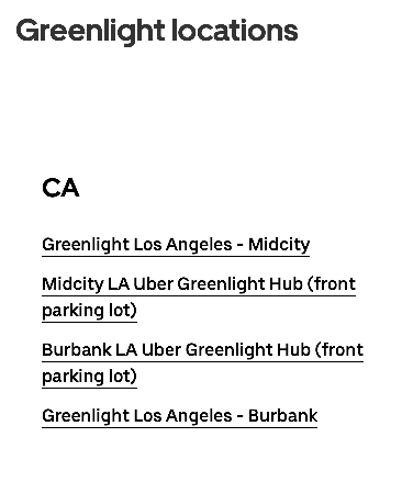 a page at uber.com with listings for local uber greenlight hubs