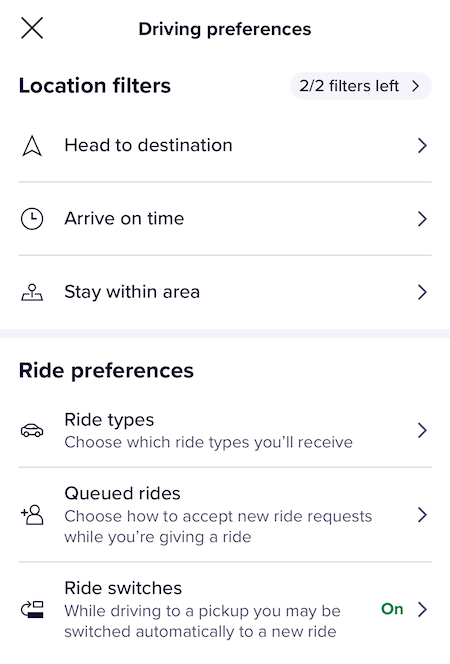list of preferences in the lyft app, including ride types and auto queued rides