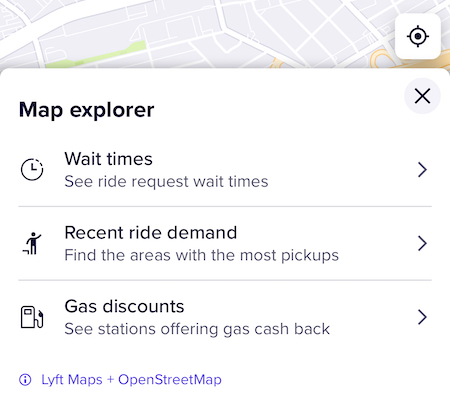map explorer options: wait times, recent demand, gas prices