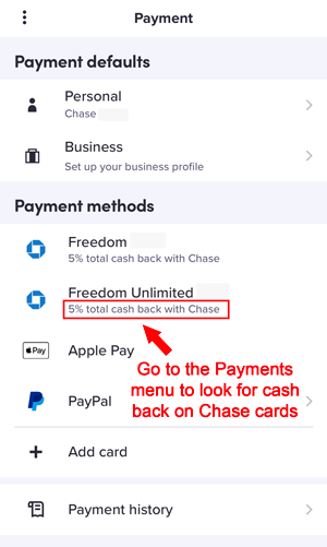 Find Lyft Chase rewards in the Payment menu