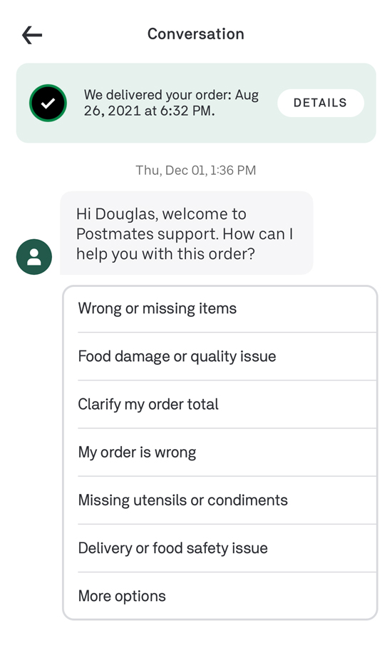 List of order issues on postmates: missing items, my order is wrong, etc