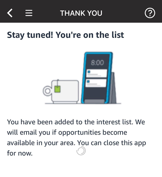 A screen in the Flex app confirming that a user joined the waitlist