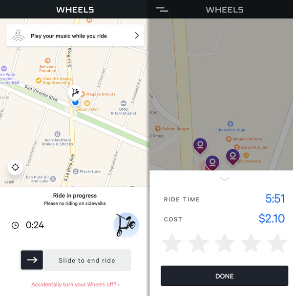 End of ride controls in the Wheels app