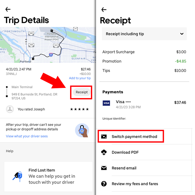 Steps to change the payment method for a past trip. Go to your trips, select the trip, tap receipt, select change payment method