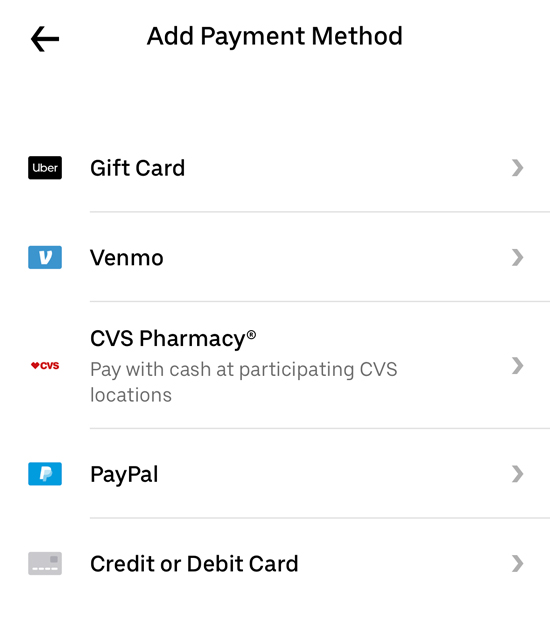 List of payment options i the Uber app, including credit card, debit card, gift card, venmo, PayPal