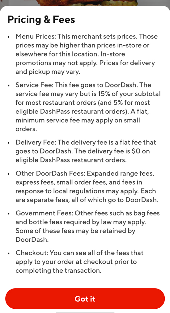 A page in the doordash app explaining menu prices, service fees, delivery fees, and more