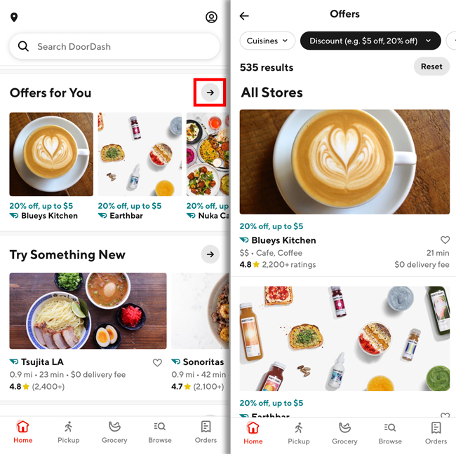 The offers for you page in the doordash app showing discounts, like 20% off up to 