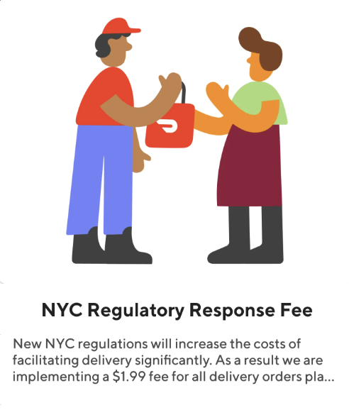 a cartoon graphic of a person handing another person a bag, with text below that says NYC regulatory response fee