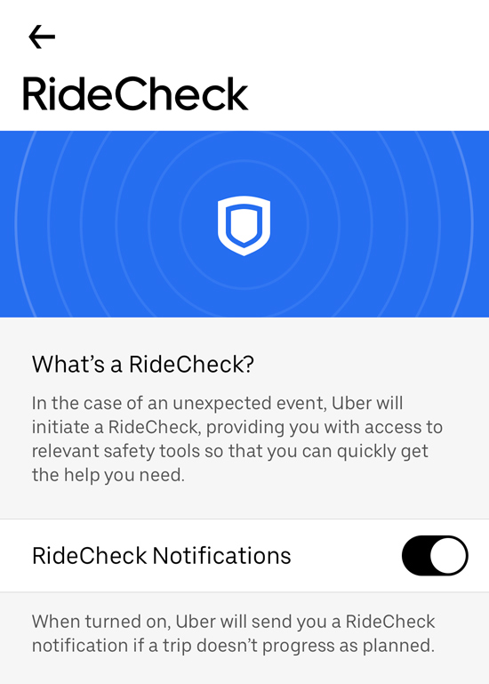 Uber app screen to enable RideCheck notifications
