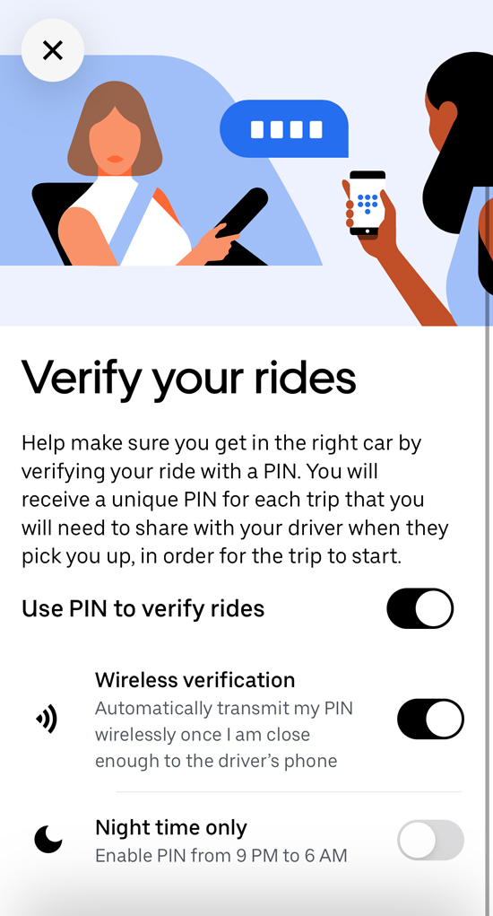 Uber verify your ride options: wireless verification, night time only