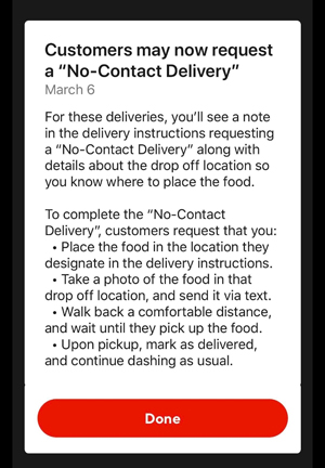 Instructions for dashers on how to do a no contact delivery