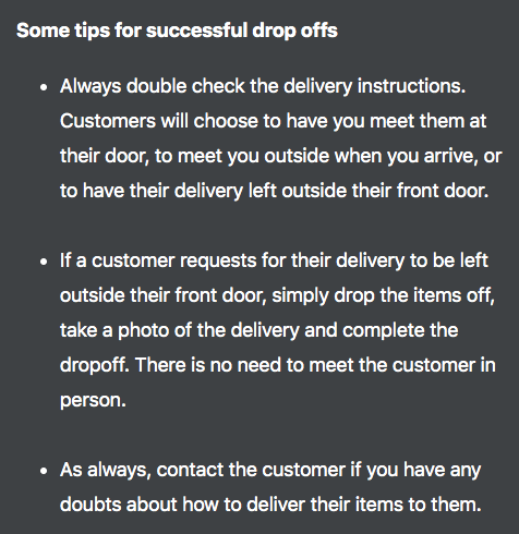 Instructions for Postmates couriers on no contact deliveries