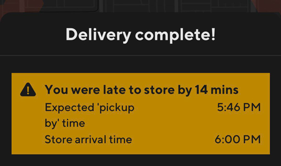 A warning from doordash letting a dasher know that they were 14 minutes late to a pickup