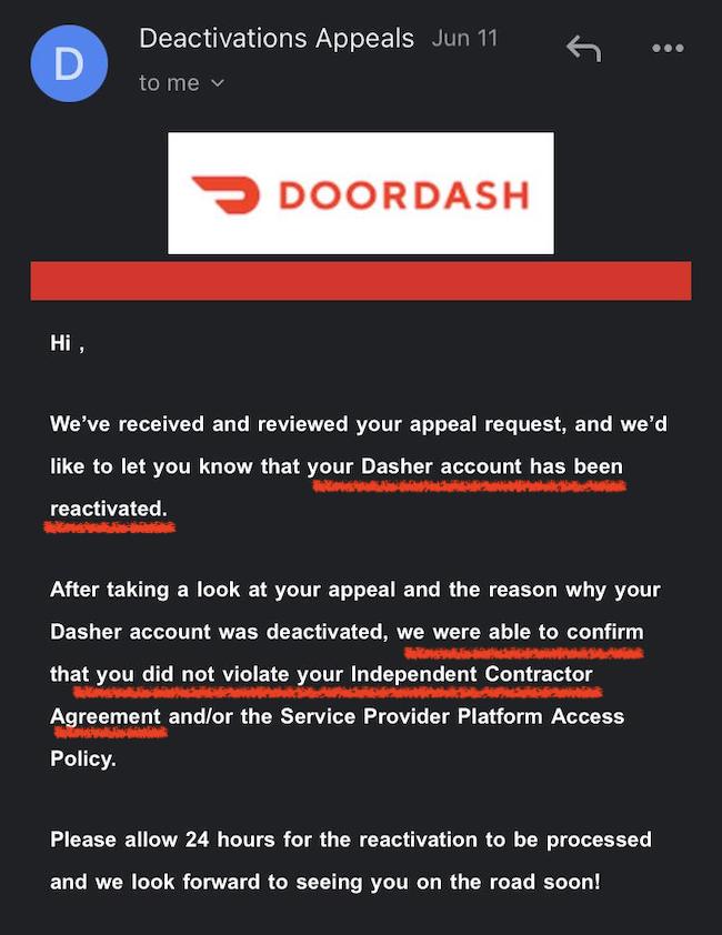 an email from doordash letting a driver know that they were reactivated