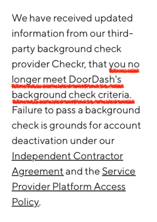 an email from doordash letting a dasher know that they were deactivated following a background check