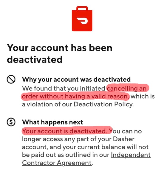 a message from doordash telling a dasher that they were deactivated for cancelling too many orders