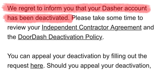 an email from DoorDash informing a dasher that they were deactivated