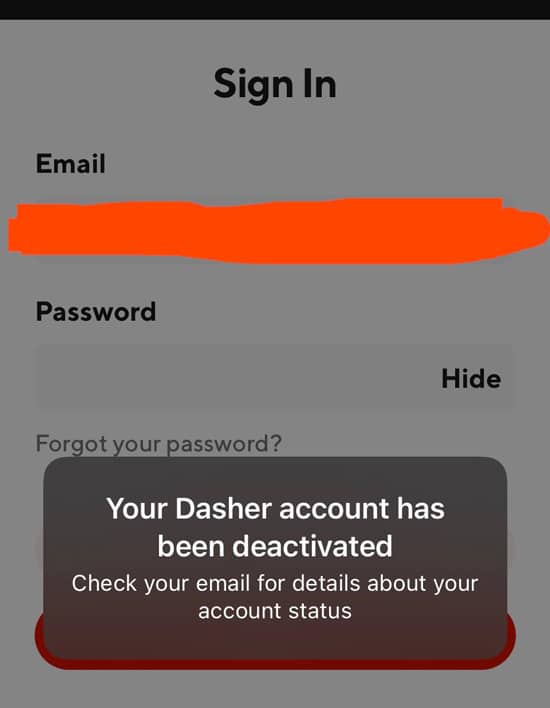 A popup in the Dasher app letting a Dasher know that they have been deactivated