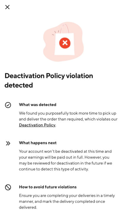 a message from doordash warning a driver about a policy violation