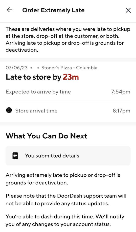 a page in the doordash app that lists a contract violation for an order being extremely late