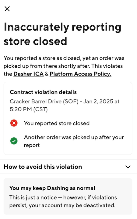 a contract violation that says 'inaccurately reporting store closed'