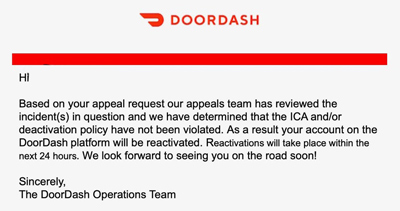 An email from DoorDash about a successful reactivation