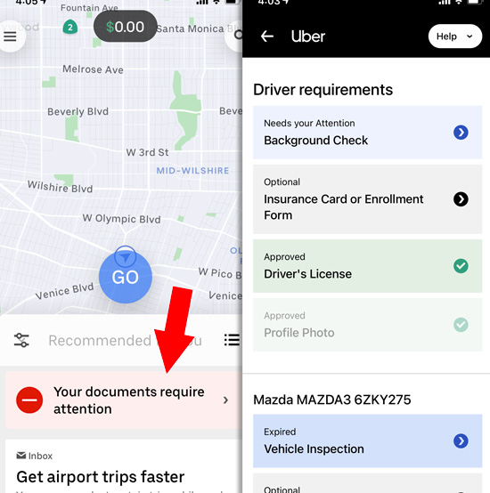 The uber driver app showing a checklist of requirements