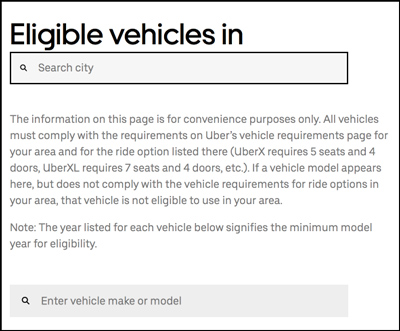 screenshot of the uber eligible vehicles tool that is available at uber.com