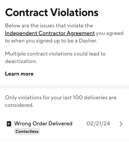 a contract violation in the doordash app for 'wrong order delivered'