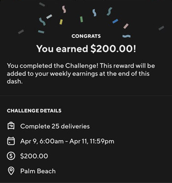 The DoorDash app showing a completed $200 challenge