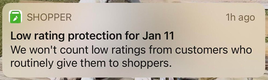 text message from instacart saying that a low rating was removed