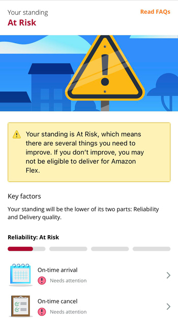 the amazon flex app showing at-risk standing