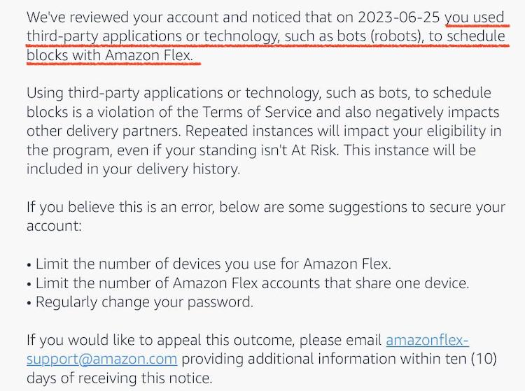 email from amazon that says a flex driver was detected using software bots to claim blocks