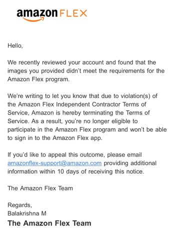 an email from amazon flex telling a driver they were deactivated