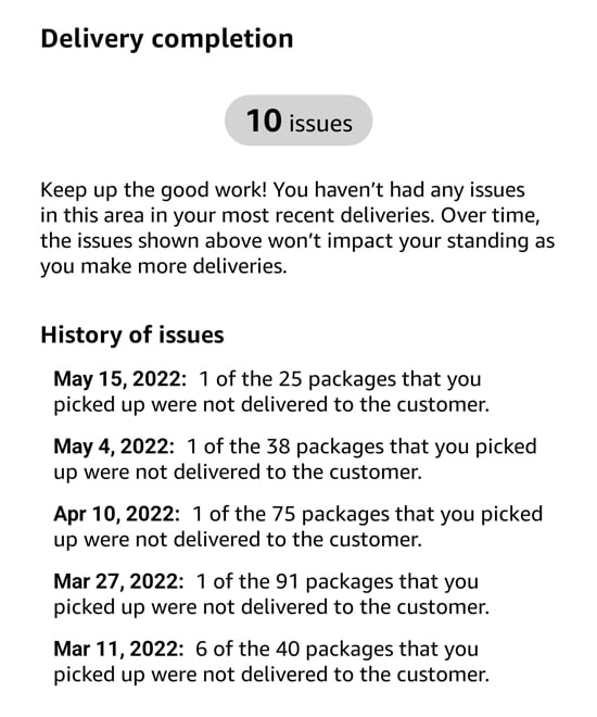 screen from amazon flex about several packages that were not delivered