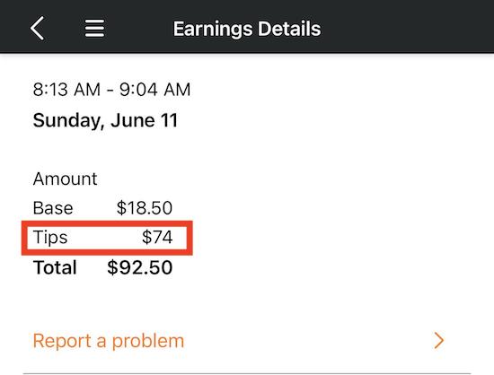 an amazon flex order payout with a $74 tip