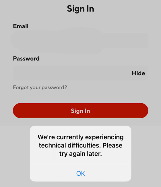 A doordash error message that says 'we're experiencing technical difficulties'