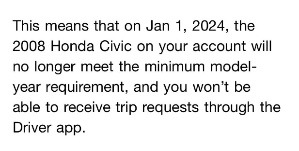 email from uber letting a driver know that their 2008 vehicle is going to be too old