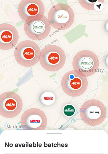 a map on instacart showing no available batches