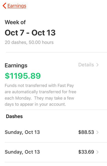 doordash earnings statement with $1195 in earnings for 50 hours